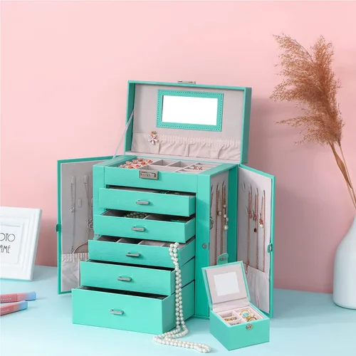 Vista 2 de ANWBROAD Joyero grande de 6 niveles, organizador de joyas, caja de almacenamiento con espejo de cerradura, caja de joyería para niñas, para aretes
