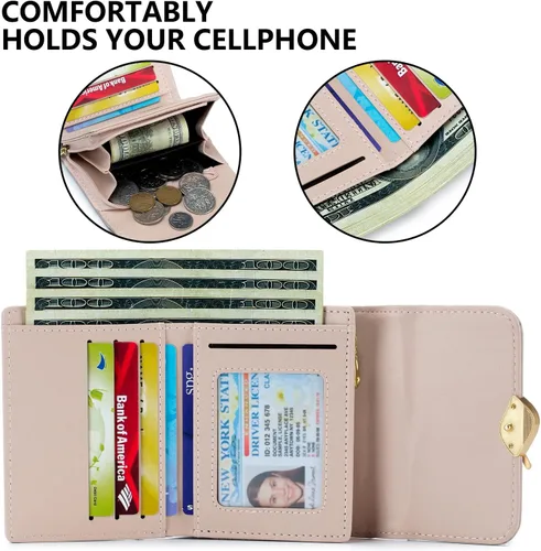 Vista 5 de Cartera pequeña para mujer con bloqueo RFID, de piel sintética, colgante de hoja, organizador de tarjetas, monedero con cremallera, APúrpura-S