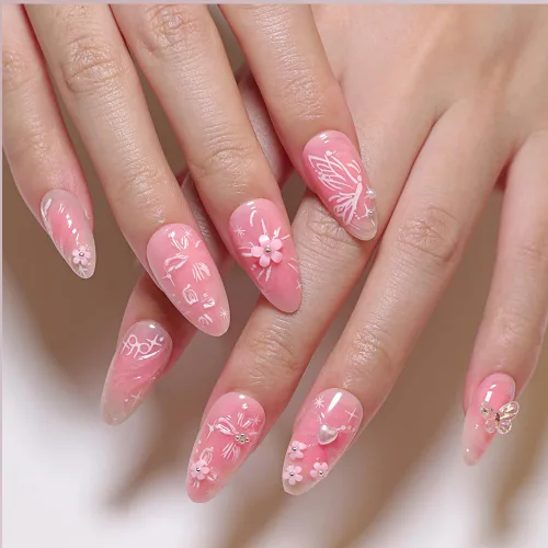Vista 40 de Uñas postizas a presión medianas con diseño geométrico blanco almendra – 24 uñas postizas reutilizables de ABS brillante, fácil de aplicar, juego