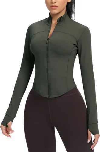 Vista 98 de AVGO Chaquetas de entrenamiento recortadas para mujer, con cremallera, ajustadas, atléticas, con agujeros para el pulgar