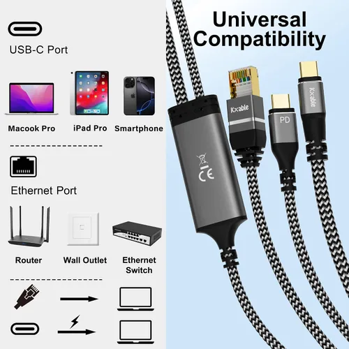 Vista 7 de Cable USB C a Ethernet de 6 pies, cable tipo C a RJ45 con USB-C macho de 100 W PD carga rápida (PD junto al puerto USB-C), Ethernet y carga dos