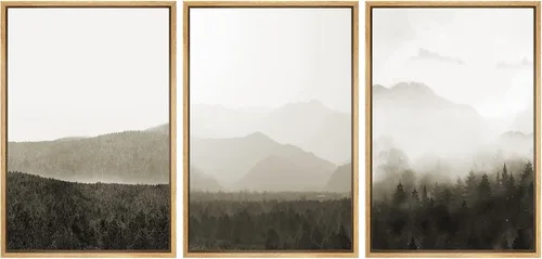 Vista 34 de SIGNWIN Lienzo enmarcado para pared, juego de decoración de guardería de bosques, niebla y niebla sobre bosque de montaña oscura, naturaleza, arte