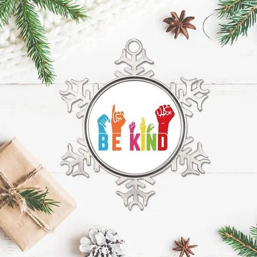 Vista 4 de Pansexual Bisexual LGBTQ Adorno de Navidad, adorno de metal con forma de copo de nieve Be Kind Kindness para árbol de Navidad, orgullo gay, LGBT