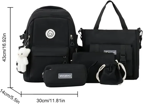 Vista 6 de 5pcs Mochila Set Gran Capacidad Patchwork Bookbag Lona con Colgante, Negro, Mediana, Casual