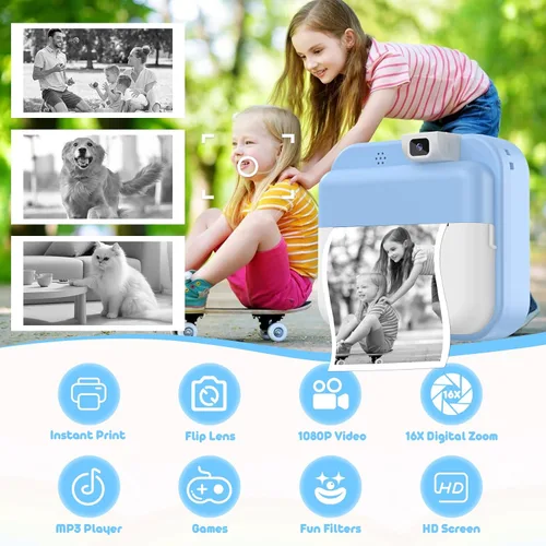 Vista 2 de Cámara para niños con impresión instantánea: cámara digital con lente abatible, regalo de cumpleaños para niños y niñas, fotos de impresión