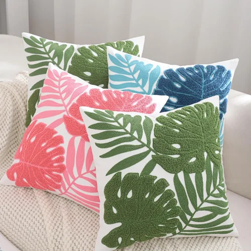 Vista 8 de Fundas de almohada bordadas de 18 x 18 pulgadas, paquete de 2 hojas Hoja tropical azul
