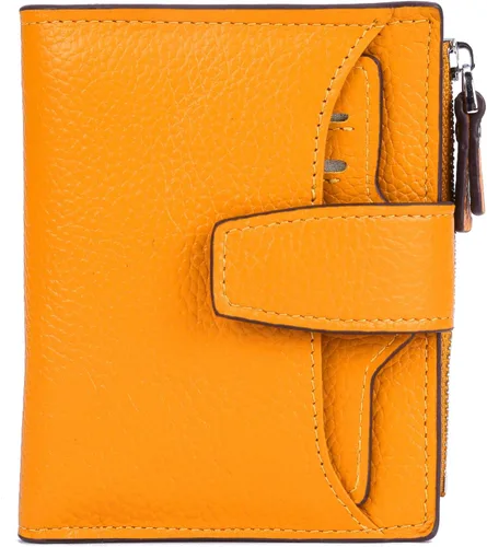 Vista 7 de Cartera de cuero con bloqueo RFID para mujer, pequeña, compacta, doble cremallera, con ventana para identificación