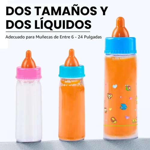 Vista 4 de SCOM Accesorios para biberones de muñeca de bebé, 6 piezas, juguetes de biberón, leche mágica que desaparece y jugo, juego de simulación
