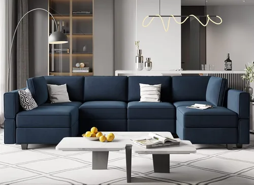 Vista 21 de Belffin Sofá modular en forma de U con tumbonas reversibles, de terciopelo, con asiento de almacenamiento, color negro