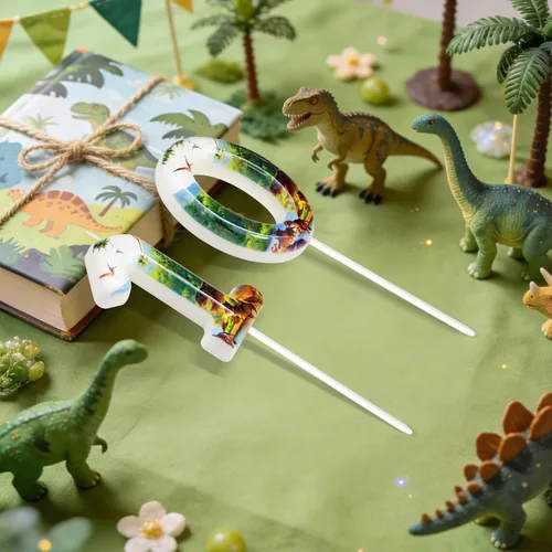 Vista 4 de Velas de cumpleaños de dinosaurios, suministros de decoración de fiesta de dinosaurios, velas de número de cumpleaños para decoración de pastel