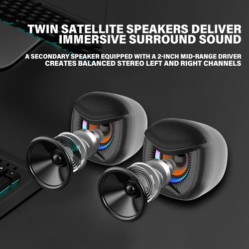Vista 5 de Altavoces de computadora, altavoces de PC con subwoofer, altavoces para juegos 2.1 para PC de escritorio, alimentación USB con cable auxiliar