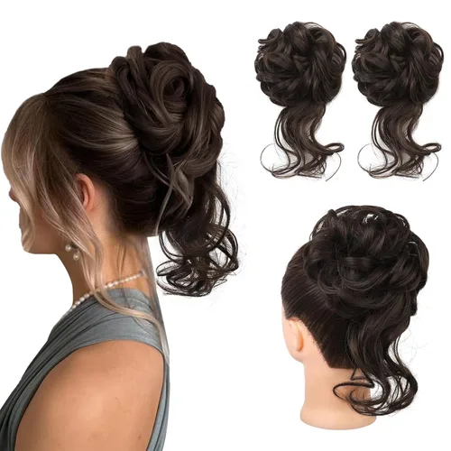 Vista 10 de HOOJIH 2 piezas de extensiones de cabello estilo moño despeinado, extensiones de cabello rizado y ondulado con tiras, cola de caballo, horquillas