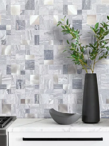 Vista 7 de DICOFUN 1 hoja de azulejo adhesivo de mármol gris para salpicaduras, azulejos de metal mixto con astillas plateadas para cocina y baño, adhesivo