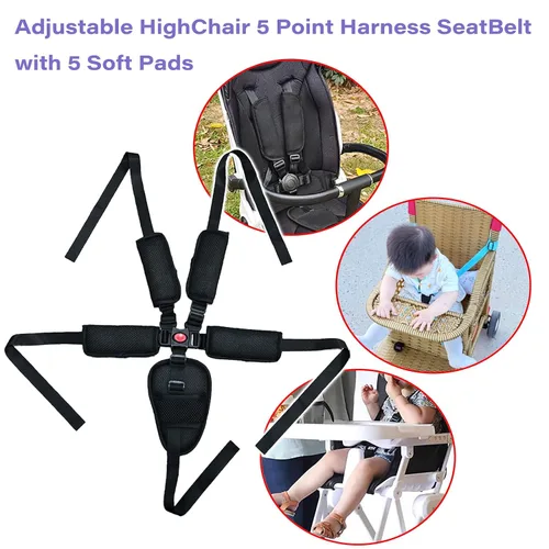 Vista 6 de Correas de asiento universales de 5 puntos, cinturón de arnés ajustable para silla alta, cinturón de arnés con 4 almohadillas para los hombros
