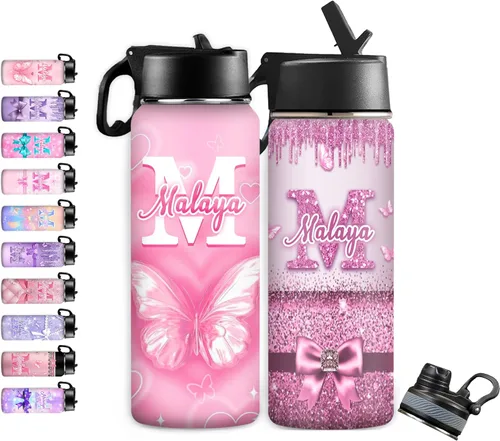 Vista 23 de InterestPrint Botella de agua personalizada para niños de 18 onzas con tapa de pajilla, botella de agua aislada de doble pared de acero inoxidable