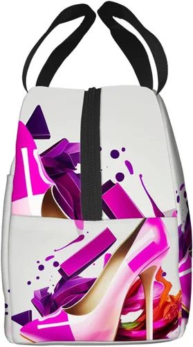 Vista 3 de OOZ Lonchera aislada para mujeres y hombres, estampado de zapatos de tacón alto rosa, reutilizable, a prueba de fugas, para adultos, oficina