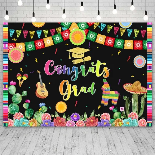 Vista 2 de Telón de fondo mexicano de 7 x 5 pies, decoración de fiesta de graduación mexicana 2022, abanicos de papel, flores, fotografía, fondo de tela