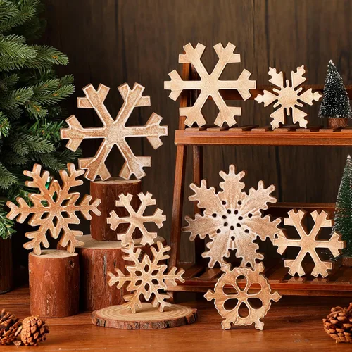 Vista 8 de Kajaia 9 piezas de decoración de mesa de copo de nieve de madera de invierno blanco 3D copo de nieve centros de mesa de invierno letrero de pie