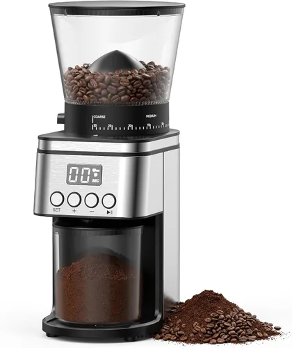 Vista 8 de Molinillo de café eléctrico de rebabas, molinillo de rebabas plano compacto con 17 ajustes de molienda precisos, desde espresso hasta preparación