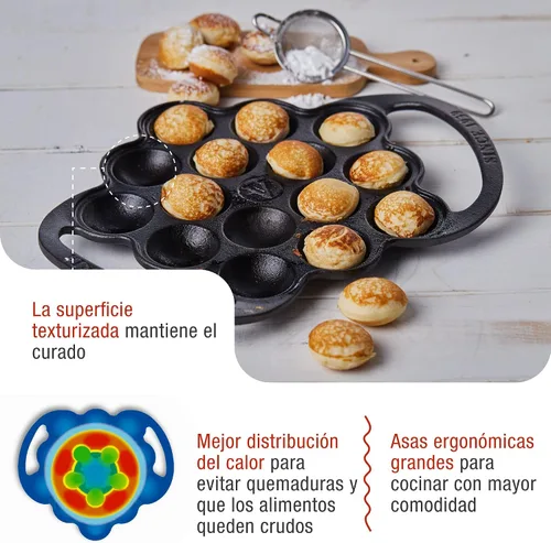 Vista 3 de Victoria - Sartén de hierro fundido para poffertjes holandeses con asas de bucle, precurada con aceite de linaza, fabricada en Colombia