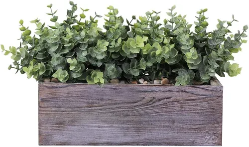 Vista 3 de Winlyn Plantas de eucalipto sintético en maceta de madera rectangular rústica, arreglo de vegetación de eucalipto artificial, planta en maceta