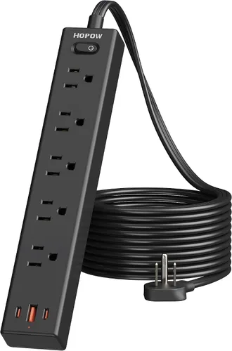 Vista 14 de HOPOW Regleta de alimentación de enchufe plano, cable de extensión ultrafino de 3 pies, protector de sobretensiones con 5 salidas y 3 puertos USB