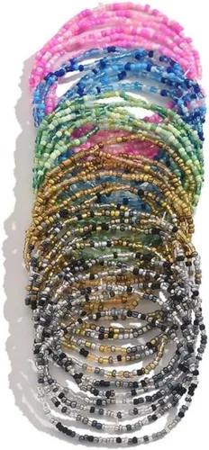 Vista 2 de Caiyao Juego de 36 pulseras elásticas coloridas con cuentas de semillas bohemias, multicapa, de arcoíris, pulsera elástica con cuentas de cristal