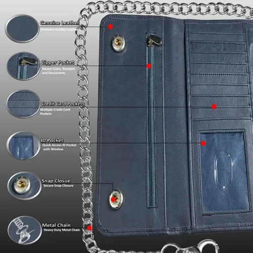 Vista 4 de IBRO Cartera de cadena de motocicleta para hombre 100 piel auténtica natural bloqueo RFID largo de triple pliegue organizador de dinero de tarjeta