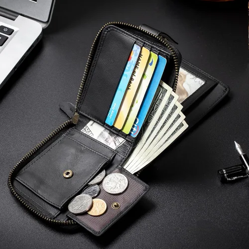 Vista 36 de LUKZIJAES Billetera de cuero genuino para hombre, con bloqueo RFID, delgada, plegable, bolsillo frontal, #3-Café, Vintage