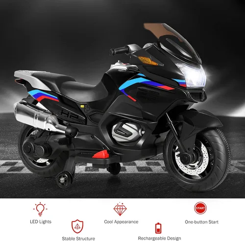 Vista 2 de HONEY JOY Motocicleta para niños de 12 V, vehículo eléctrico a batería para niños, ruedas de entrenamiento, luces LED, pedal de pie, suspensión