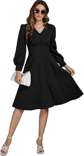 Vista 6 de Umenlele Vestido vintage de los años 50 para mujer, cuello en V, manga larga abombada, retro, cóctel, fiesta, acampanado, vestido midi