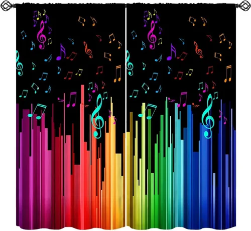 Vista 25 de Cortinas abstractas con notas musicales de piano, temática musical de piano, decoración de dormitorio de niños y niñas, arte rústico retro