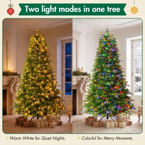 Vista 4 de 7.5FT Pre-Lit Artificial Christmas Tree, Life-Like Full Branches with Metal Stand, Fire Resistant, Warm White & Multicolor LED Lights for Holiday