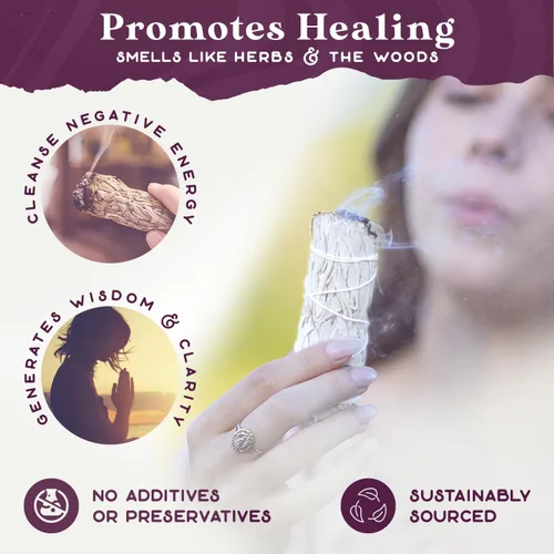 Vista 3 de Paquete de salvia blanca - 1 paquete - Palo de manchas de salvia para limpieza del hogar, incienso curativo, meditación y rituales de palitos