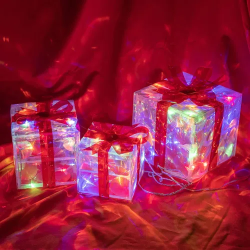 Vista 6 de Hourleey - Juego de 3 cajas de regalo iluminadas de Navidad, 60 luces LED preiluminadas, cajas de regalo decorativas para árbol de Navidad