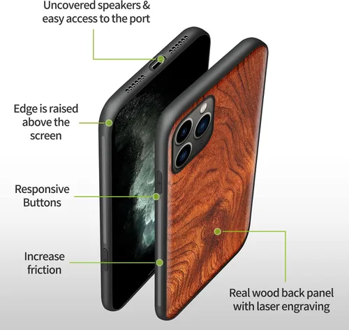 Vista 9 de Carveit Funda de madera para iPhone 11 Pro Max [madera real dura y TPU suave negro] a prueba de golpes, protector de madera único para teléfono