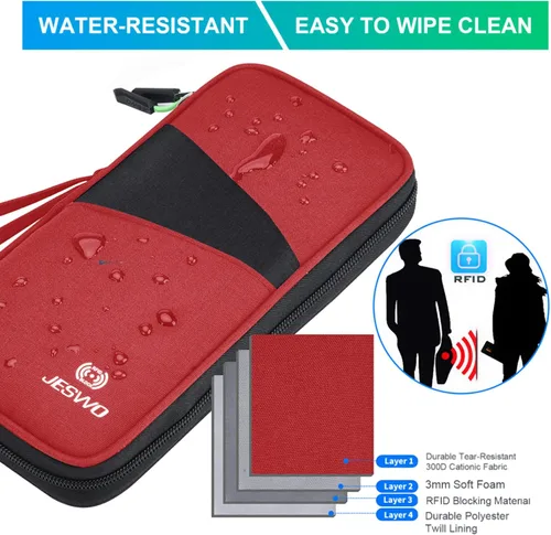 Vista 3 de Cartera de viaje RFID para pasaporte familiar, organizador de documentos impermeable con cremallera y correa de muñeca extraíble, Rojo, Elegante