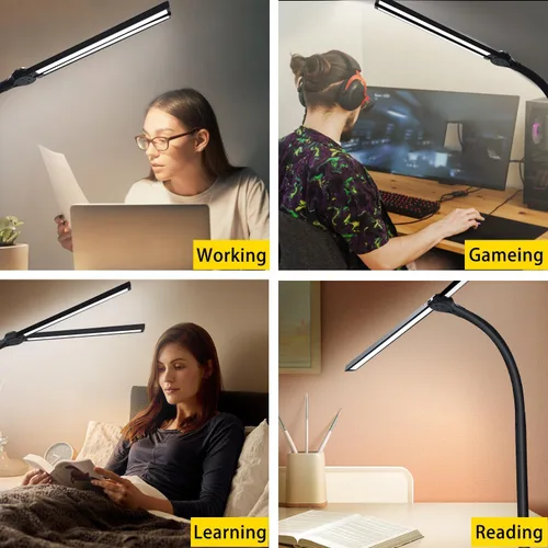 Vista 6 de lámpara de escritorio LED de doble cabezal para oficina - lámpara para el cuidado de los ojos con abrazadera, luz de escritorio de cuello de ganso