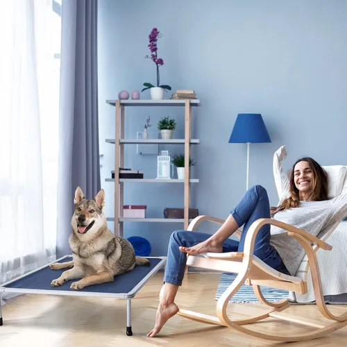 Vista 6 de [Usado] Veehoo Cama elevada para perros a prueba de masticaciones, cuna elevada para mascotas, malla transpirable, lavable y antideslizante para Azul