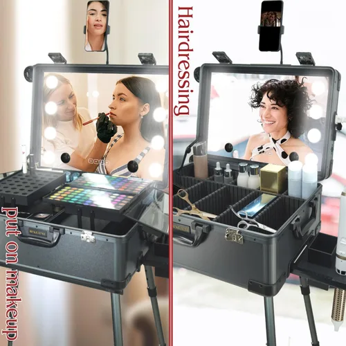 Vista 7 de Estuche de maquillaje rodante con espejo de luz LED, patas ajustables, mesa de tren con cerradura, estudio, artista, cosmética, tamaño de mano