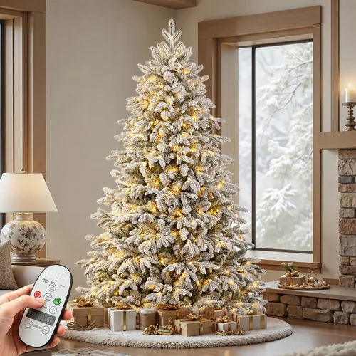 Vista 11 de SHareconn Árbol de Navidad de cedro flocado de 5 pies, 210 luces blancas cálidas y multicolor, diseño moderno de lujo con ramas nevadas flocadas