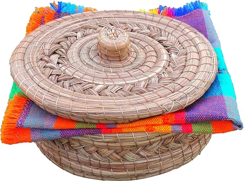 Vista 11 de Auténtica cesta calentadora de tortillas mexicanas - Aguja de pino tejida a mano con tela tejida a mano (borde de metal de 7 pulgadas con tela)