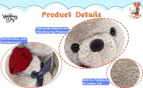 Vista 4 de HWD Oso de peluche de 9.8 pulgadas con rosa, muñeca de felpa suave, juguetes de peluche, regalos para ella/novia, amante, mamá, niños pequeños (gris)