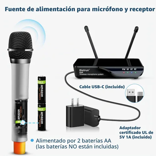 Vista 6 de Micrófono inalámbrico Bietrun con eco/agudos/graves, rango UHF de 160 pies, sistema de micrófono dinámico de mano inalámbrico doble UHF para karaoke