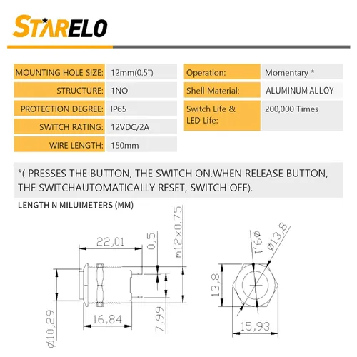 Vista 3 de STARELO 5pcs 0.472 in interruptor de botón momentáneo carcasa negra con pre-cableado, IP65 impermeable interruptor de botón, aleación de aluminio 1