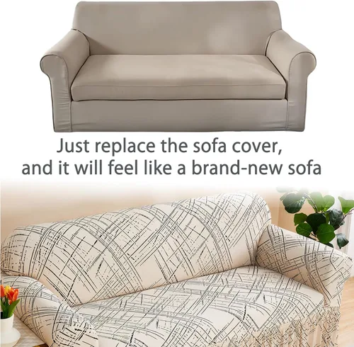 Vista 5 de Funda estampada para sofá biplaza de fácil ajuste, antideslizante, lavable, elástica, protector de muebles moderno, a la moda, línea beige