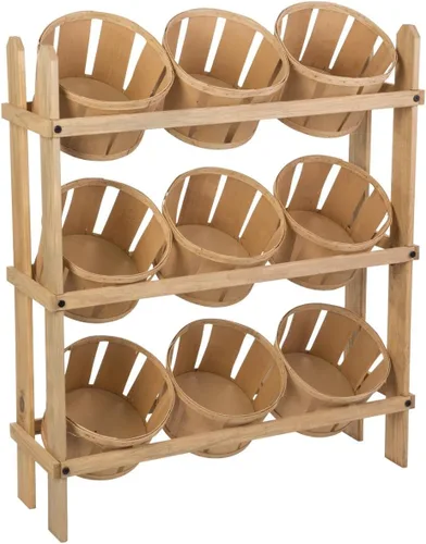 Vista 4 de Displays2go Estante de merchandising de madera rústica, tres niveles, nueve cestas - marco negro (PN9BKTBLK)