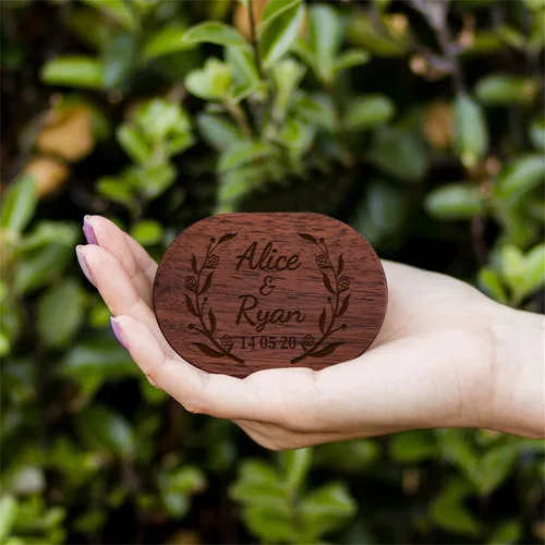 Vista 3 de Caja de anillo de boda personalizada para ceremonia, caja de anillo ovalada de madera, caja de soporte para anillos de boda para él y ella, caja