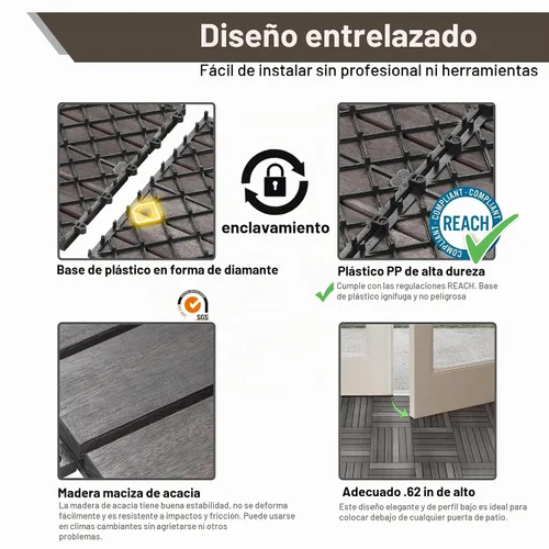 Vista 4 de PrimeZone - 9 azulejos entrelazados de madera de acacia sólida para terraza, patio, 12 x 12 pulgadas, impermeables, para interiores y exteriores