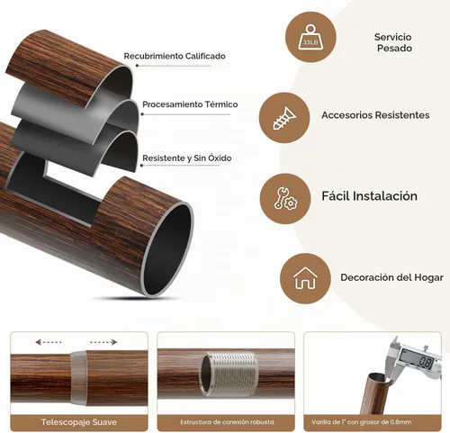 Vista 7 de Lootkell Redwood - Barras de cortina para ventanas de 28 a 48 pulgadas de diámetro, bohemio, decorativo, resistente, ajustable, con diseño de grano